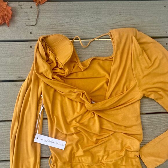 Young Fabulous & Broke Marigold Yellow Midi Drape Ruched Dress Backless Large - Picture 13 of 14